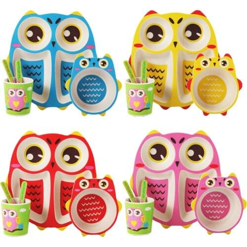 Creative Owl Baby Dinnerware Set Bamboo Fiber Childrens Plate Cartoon Baby Feeding Dishesd With Fork Spoon Cup Kids Tableware