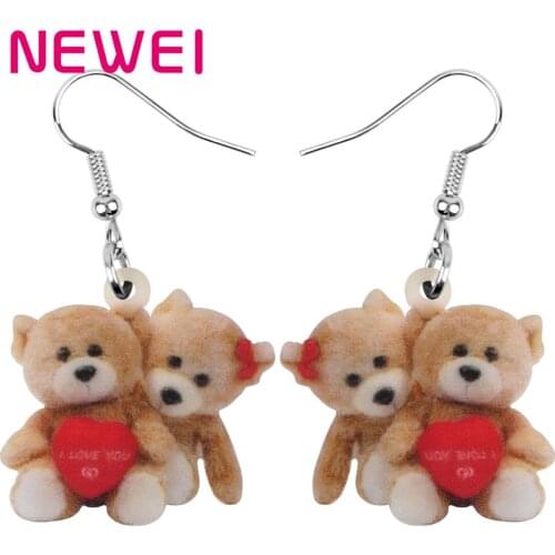 NEWEI Acrylic Valentines Day Couple Lover Bear Earrings Animal Drop Dangle Jewelry For Women Girl Teen Kid Charm Gift Accessory