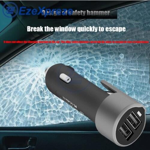 New Car Phone Fast Charger 2 USB Sockets Multi Function with Smart Cool Light Window Safety Hammer Belt Cutter Dual Hole 5V 3A
