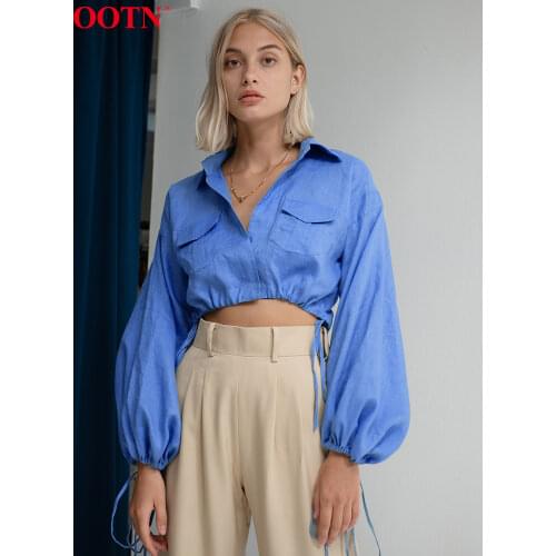 OOTN Cotton Linen Turn-Down Collar Pullover Solid Crop Top Women Lace Up Puff Sleeve Fashion Blouses And Shirts Autumn Lady New