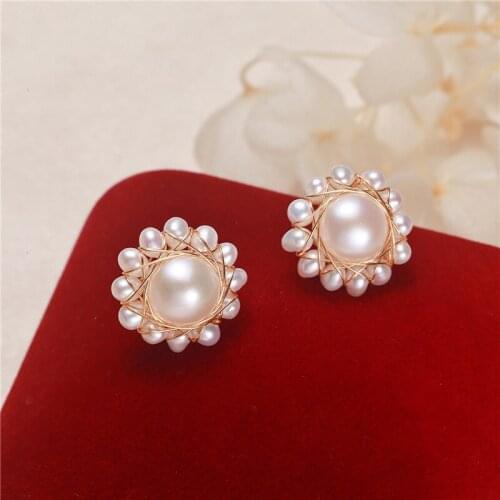 Wholesale Flower Shape Real Freshwater Pearl Earrings Gold Plated Stud Earrings Nice Party Wedding Women Gift 10 pairs/lot