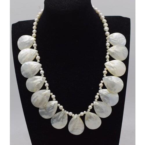 Freshwater pearl white near round and sea shell drop necklace wholesale 19inch FPPJ nature beads gift