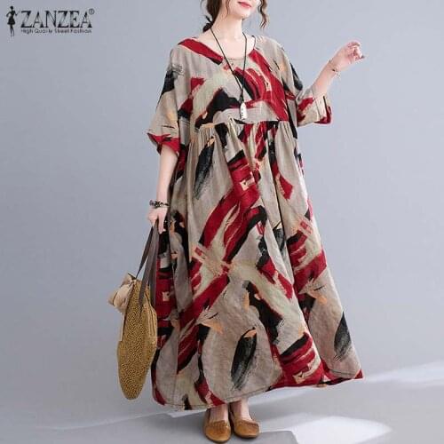 ZANZEA 2021 Vintage Printed Dress Womens Summer Sundress Casual Half Sleeve Maxi Vestidos Female O Neck Floral Robe Oversized