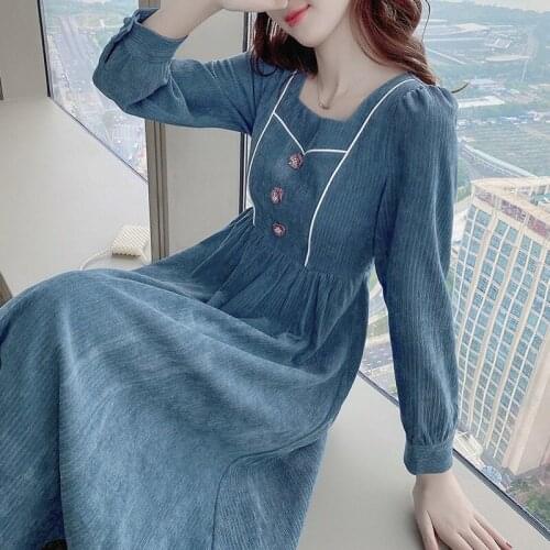 Square Collar Dress Women Winter Vintage Puff Long Sleeve Corduroy Clothes Lady Retro High Waist Slim Fit A Line Blue Dresses