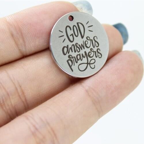 8Pcs/Lot--22mm God Answers Prayers Stainless Steel Laser Engraved Disc Message Charm Pendant For Diy Jewellery Making