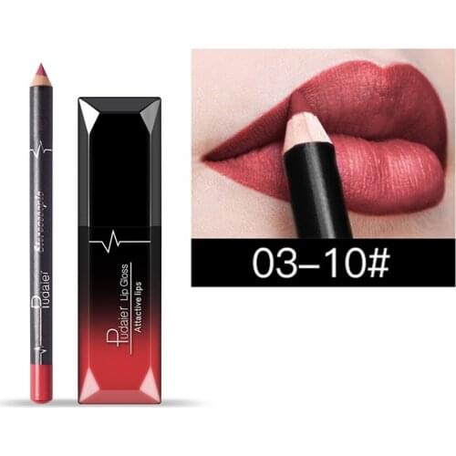 Pudaier Perfect Matte Lip Gloss + Lipliner Set Waterproof Long Lasting Lip Tint Liner Pencil Combination Non-stick Cup Lipgloss