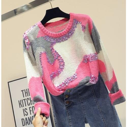 New Korean Womens Loose Sweater Girls Student Streetwear Lazy Wind Jumper Female Lady Long Sleeve Sequins Pullover Knit Coat