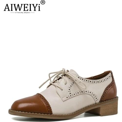 AIWEIYi British Style Genuine Leather Shoes Mid-Heel Retro Thick High Heels Shoes Spring Autumn Brogue Womens Shoes