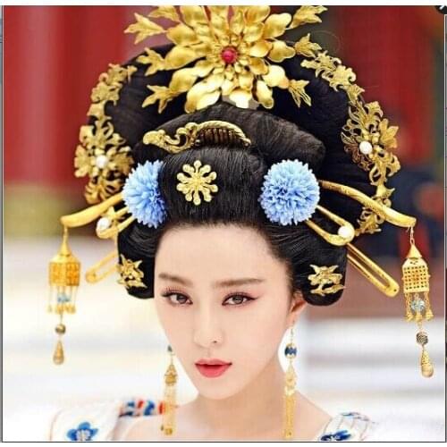 Wu Mei Niang 13pcs Set Fully Handmade Antique Wire Inlay Artwork Tang Princess Gold Plated Hair Sticks Hair Accessory Set