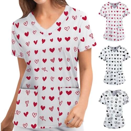Love Heart Printed V-neck Beauty Salon Uniforms Womens Fashion Short Sleeve Printing Pocket Loose Nurse Tops Nursing Work Wear