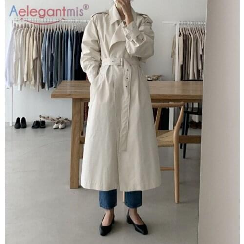 Aelegantmis Korean Solid Trench Coat for Women 2021 Oversized with Belt Fashion Elegant Female Windbreaker All Match Loose Coat