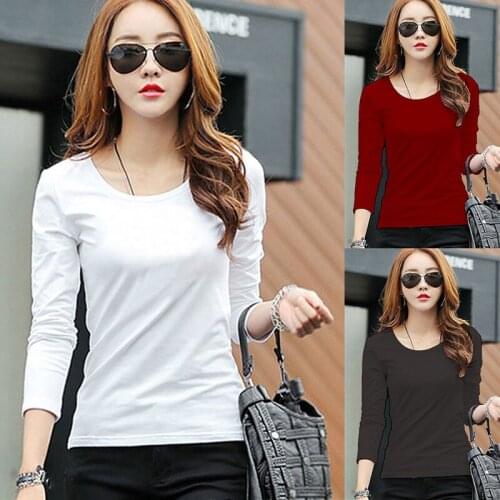 Women Basic Solid Long sleeve T Shirt Round Crew Neck Plain Cotton Spandex Plus Size Lady tees & tops Autumn Hot Sale