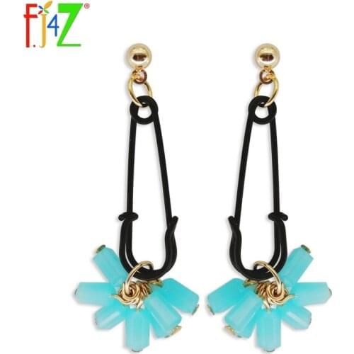 F.J4Z New Fashion Designer Black Coated Alloy 3colors Glass Beaded Hanging Drop Earrings for women brincos de gota feminino