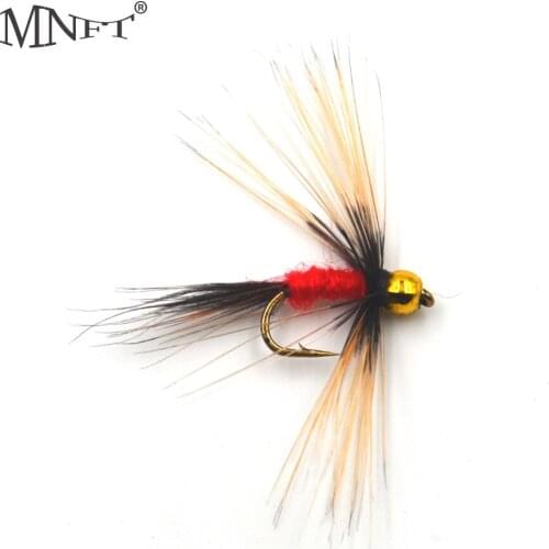 MNFT 10PCS Gold Bead head Long Beard Red Body Nymph Fishing Fly Artificial Bait Trout Fish Hooks 14