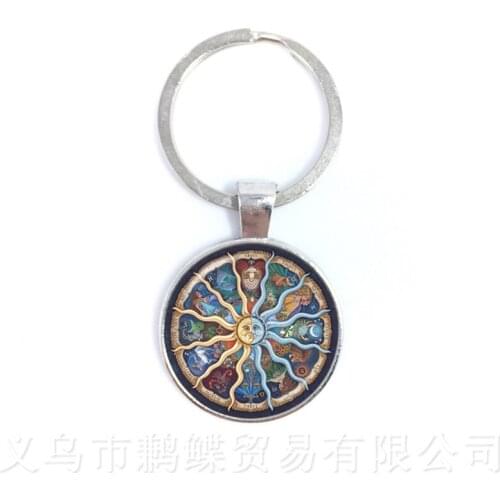12 Zodiac Signs Keychains Retro Twelve Constellations Cabochon Glass Time Gem Pendant Keyring High Qualit