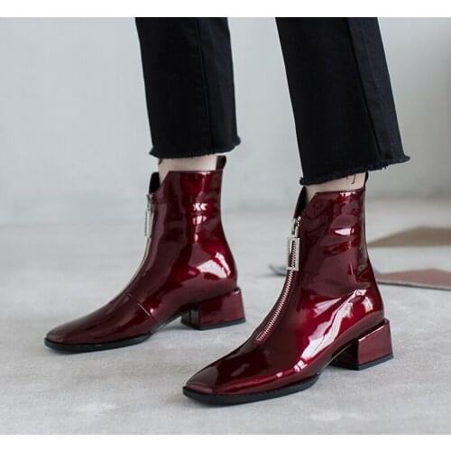 2020 New Fashion Patent Leather Ankle Boots Women Spring Autumn Square High Heel Boots Black Fashion Zipper Women Boots 34-43
