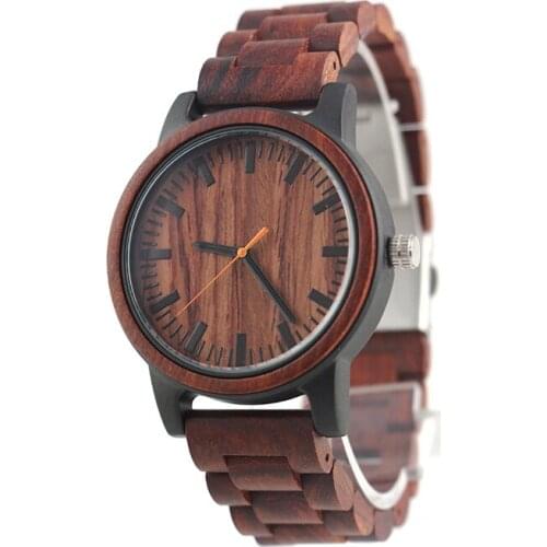 Dropshipping Handmade Water Resist Natural Quartz Black Case and Red Sandal Wooden Grain Wrist Watch for Men