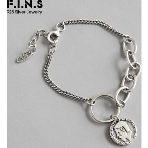 F.I.N.S Korean S925 Sterling Silver Bracelet Vintage Old Portrait Pendant Coin Bracelet Asymmetric Chain Statement Bracelets