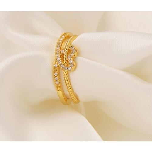 Heart Ring Through Solid 24k Fine Solid Yellow Gold GF pairs both Fall in love CZ Satisfy Hearts Fancy