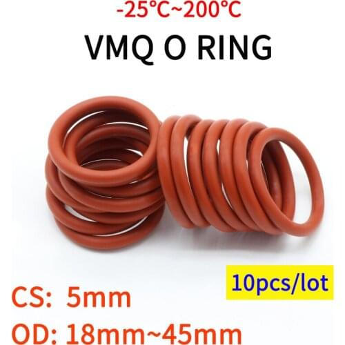 10pcs VMQ Red Silicone O Ring CS 5mm OD 18~45mm FoodGrade Waterproof Washer Rubber Insulated Round O Shape Seal Gasket