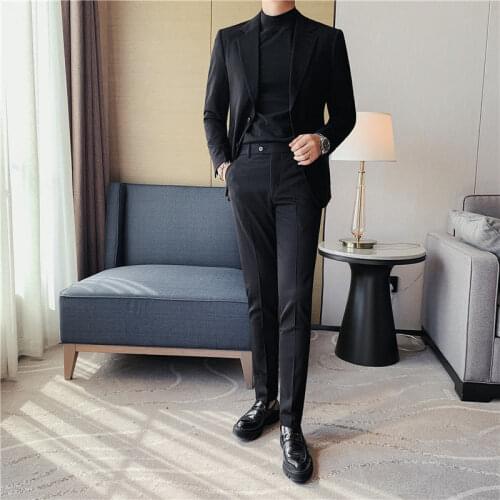 2021 Men Spring New Slim Fit Business Casual 2 Piece Set Male Formal Groom Wedding Suit Men Solid Color Blazer Jacket Pants W476