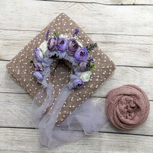 A Set Knitted Wraps+Hair Accessories Baby Hat Lacework Headband+150*40cm Stretch Mohair Knit Wrap for Newborn Photography Props