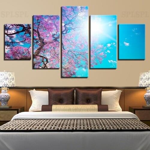 Canvas Pictures Wall Art Home Decor 5 Pieces Cherry Blossoms Tree Under The Blue Sky Painting HD Prints Poster Living Room