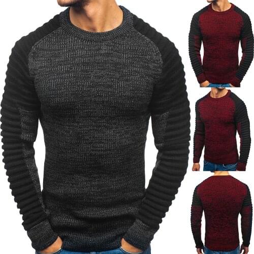 2021 New Mens Slim Fit Pleated Sweater Pullovers Male Patchwork O-Neck Sweater Knitted Pullover Tops M-2Xl