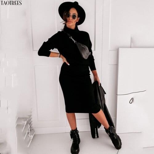 Taotrees Autumn Womens knitted skirt suit Turtleneck Knitting Sweater + Slim Skirt Two-Piece tracksuit