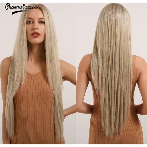 CharmSource Long Straight Hair Blonde Lace Part Wig Synthetic Wigs for White Women High Density Heat Resistant Daily Use Cosplay