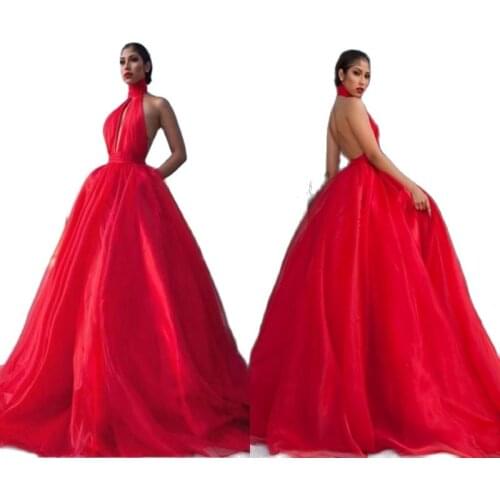 Puffy Ruffles Halter Tulle Long Prom Dresses Ball Gowns Halter Neck Keyhole Designed Sexy Backless Evening Dress