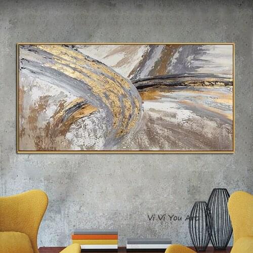 Christmas Gifts Abstract Grey Gold Foil Hand painted Oil Painting Blue Modern Golden Wall Art Picture for Living Room Navy Decor