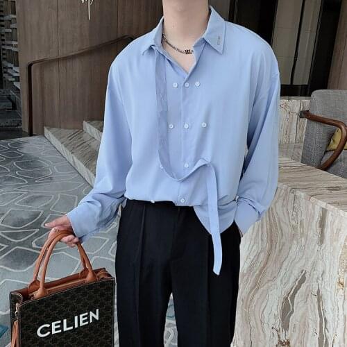 Three Breasted Designer Men Dress Shirt Men Luxury Loose Social shirt Solid Fashion Male Clothing long Sleeve Loose Social shirt