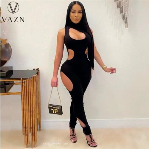 VAZN 2021 New Bandage Bodycon Sexy Black Color Hollow Out Women Sleeveless Party Beach Jumpsuits Full Pant Bandage Rompers