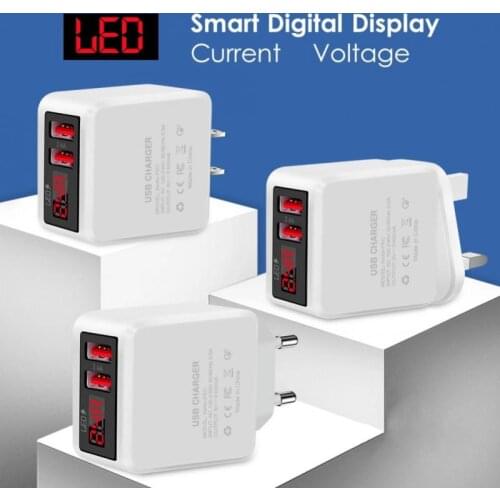 US EU UK Digital Display Charger 2.4A Dual USB Travel Wall Adapter Charger For IPhone Xiaomi Huawei Samsung Phone Accessories