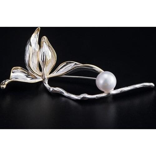 S925 Sterling Silver Aventurine Brooches Magnolia pearl ladies cardigan coat corsage collar pin mens suit Sweet Shirt Collar
