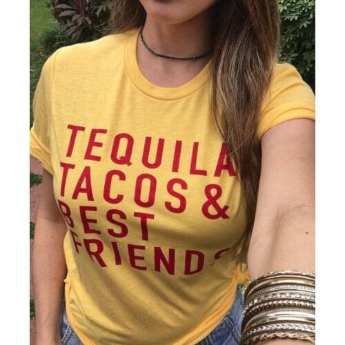 Women Unisex Tee Top Wine Lover Drinking Graphic Yellow Grunge Tees Tequila Tacos and Best Friends T Shirt Funny
