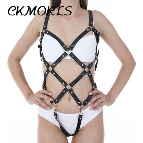 GAMPORL Womens Harness Leather Sexy Ladies Underwear Set Waist To Leg Bondage Cage Goth Metal Sexy Leg Garters Belt Straps
