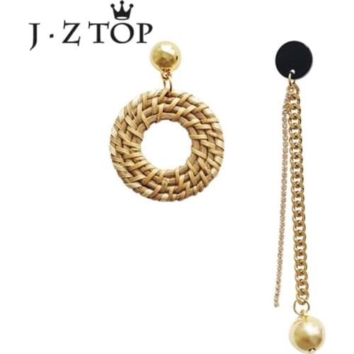 JZTOP Vintage Handmade Geometric Round Woven Tassel Stud Earrings Crystal Asymmetric Long Earrings For Women Bohemian Jewelry