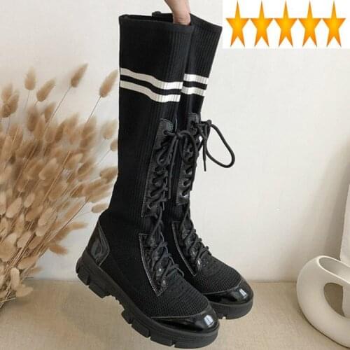 Vintage Hip Hop Thick Heels Women Street Breathable Genuine Leather High-Top Platform Boots Casual Long Stretch Shoes