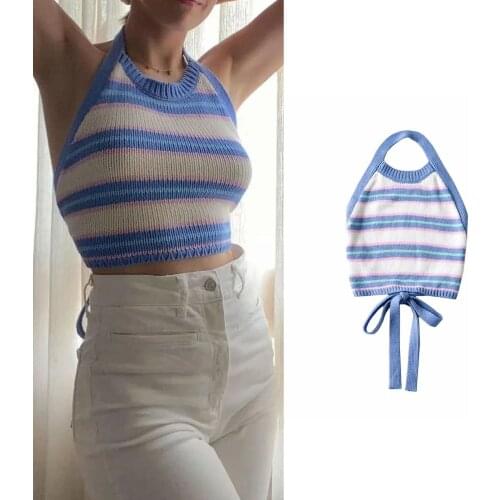 American Sexy Style Knitted Stripe Contrast Color Hanging Neck Small Suspender Summer Womens Slim Back Bow Top Dlsy2330