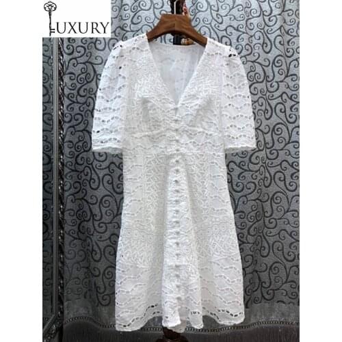 Summer Top Quality 2020 Style Ladies V-Neck Allover Hollow Out Embroidery Vintage Buttons Deco Short Sleeve White Dress