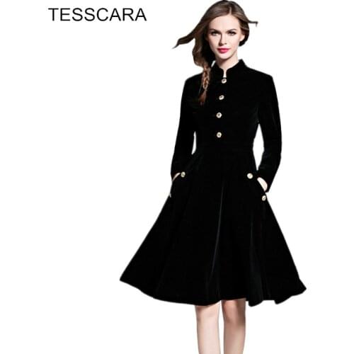 Women Autumn & Winter Elegant Velvet Dress Female Black Vintage Office Vestidos Retro Robe Femme Ukraine A-Line Knitted Clothing