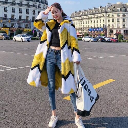 Korean 2020 winter women thick warm long faux fur coats wave stripe yellow white color block turn down collar overcoats A123