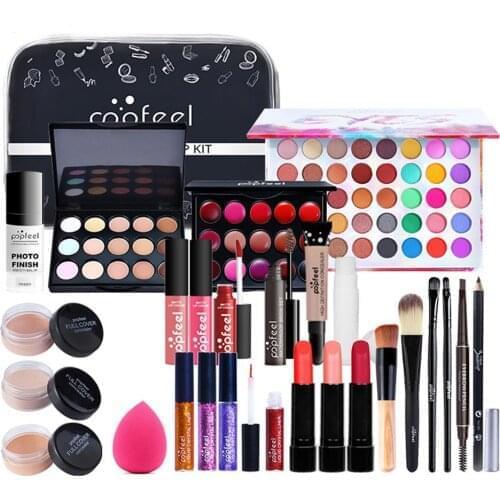 27pcs/set ALL IN ONE Makeup Kit Eyeshadow Eye Liner Pencil Lip Gloss Powder Puff Concealer With Makeup Storage Bag Cosmetics Set