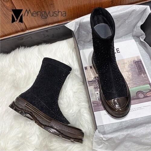 Platform boots crystal rivets flock patchwork mid-calf botas shine pu leather round toe shoes women creepers winter booties 2020