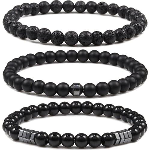 Beaded Bracelet Men Classic Geometric Hematite 6mm Natural Black Matt Lava Stone Bracelets&Bangles for Women Yoga Jewelry Gifts