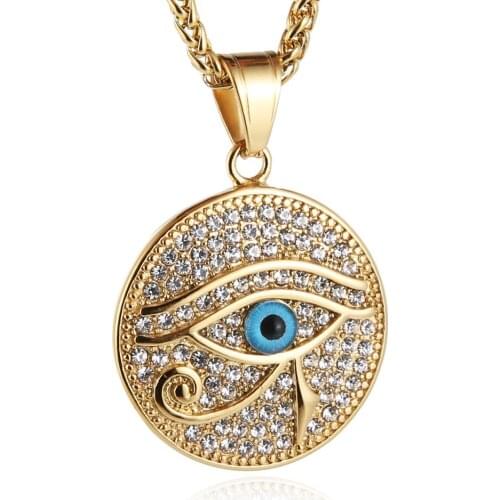 HZMAN Gold Iced Out Eye of Horus Egypt Protection Dog Tag Pendant Stainless Steel Necklace (Round Medal)