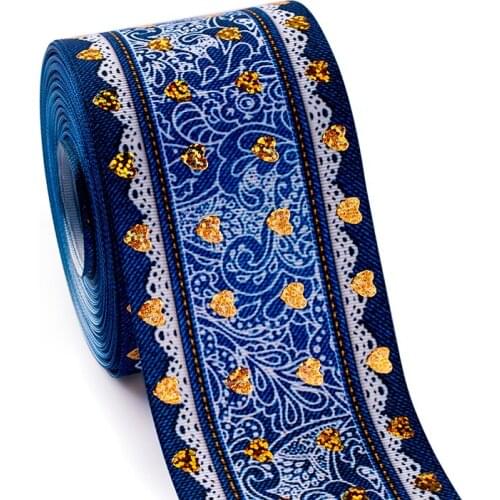 10yards 75mm 3inch gold foil loving printed flowers side soild color grosgrain ribbon