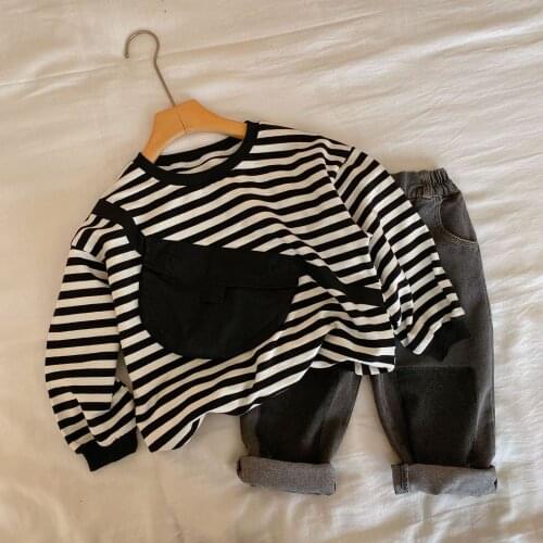 Childrens T-shirt 2021 Autumn New Girls and Boys Stripe Hanging Bag T-Shirt Baby Korean Round Neck Pullover Cotton Top